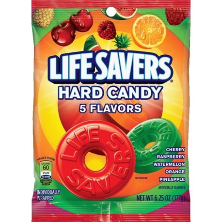 Wrigley LifeSavers 5 Flavors Hard Candies - Cherry, Raspberry, Watermelon, Orange, Pineapple - Individually Wrapped - 6.25 oz - 