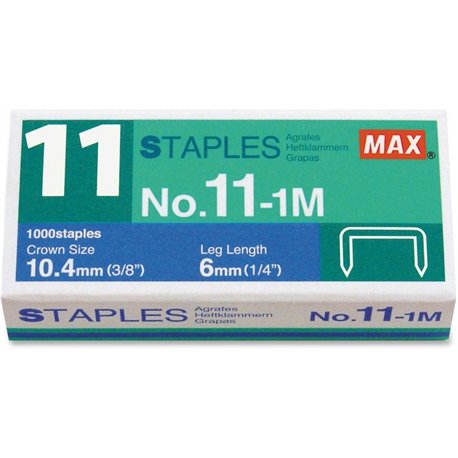 MAX No. 11-1M Staples - 50 Per Strip - 15/64" Leg - 7/17" Crown - for Paper - Silver1000 / Box