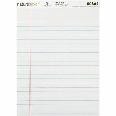 Nature Saver Recycled Legal Ruled Pads - 50 Sheets - 0.34" Ruled - 15 lb Basis Weight - 8 1/2" x 11 3/4" - White Paper - Perfora