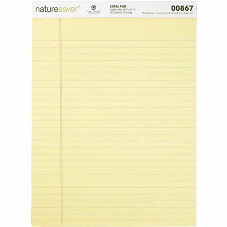 Nature Saver 100% Recycled Canary Legal Ruled Pads - 50 Sheets - 0.34" Ruled - 15 lb Basis Weight - 8 1/2" x 11 3/4" - Canary Pa