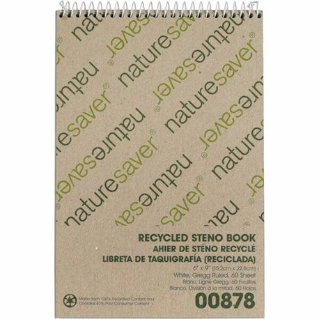 Nature Saver Recycled Steno Book - 60 Sheets - Spiral - 6" x 9" - White Paper - Chipboard Cover - Back Board - Recycled - 1 Each