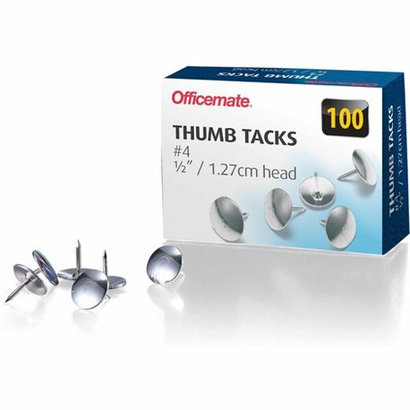 Officemate Steel Thumb Tacks - 0.50" Head - 100 / Box - Silver