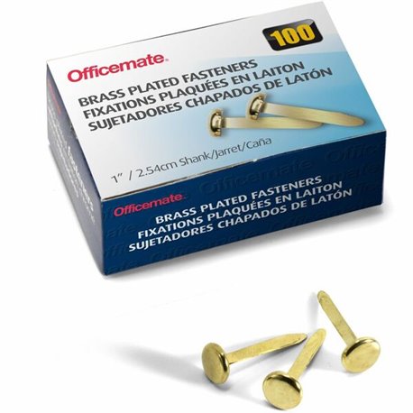 Officemate Roundhead Fasteners - 1" Shank - 0.38" Head - 100 / Box - Brass