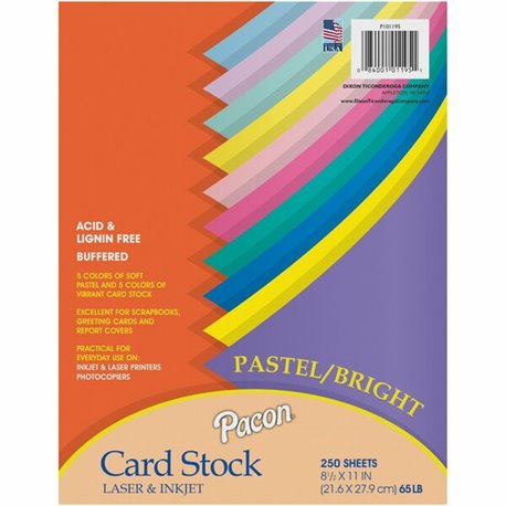 Pacon Cardstock Sheets - Assorted - Letter - 8 1/2" x 11" - 65 lb Basis Weight - 250 / Pack - Sustainable Forestry Initiative (S