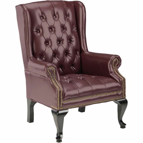 Lorell Berkeley Series Queen Anne Wing-Back Reception Chair - Burgundy Vinyl Seat - Mahogany Hardwood Frame - Four-legged Base -