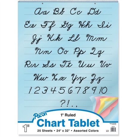 Pacon Cursive Cover Colored Paper Chart Tablet - 25 Sheets - 1" Ruled - 24" x 32"24" x 32" - Assorted Paper - Recycled - 1 Each