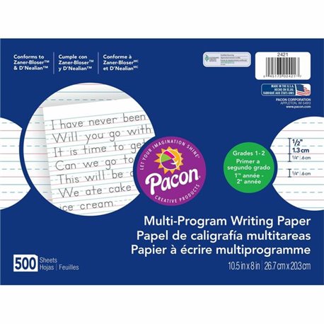 Pacon Multi-Program Handwriting Papers - 500 Sheets - 0.50" Ruled - Unruled Margin - 10 1/2" x 8" - White Paper - Hard Cover - 5