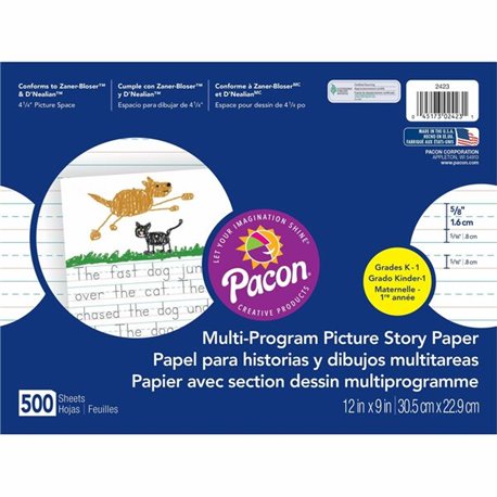 Pacon Multi-program Ruled Picture Story Paper - 500 Sheets - 0.63" Ruled - 4.25" Picture Story Space - 16 lb Basis Weight - 12" 