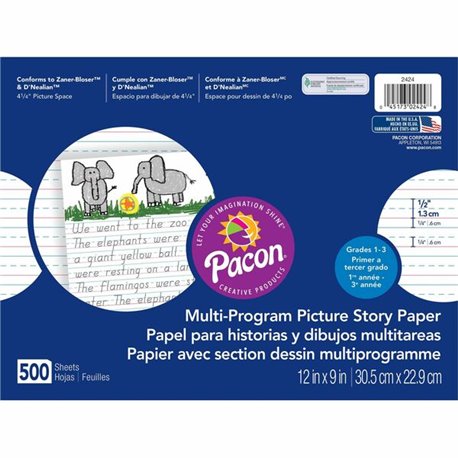 Pacon Multi-program Picture Story Paper - 0.50" Ruled - 4.25" Picture Story Space - Unruled Margin - 12" x 9" - AssortedChipboar