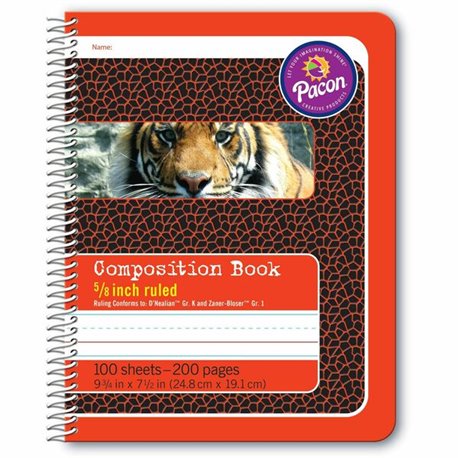 Pacon Composition Book - 100 Sheets - 200 Pages - Spiral Bound - Short Way Ruled - 0.63" Ruled - 4.50" Picture Story Space - 7 1