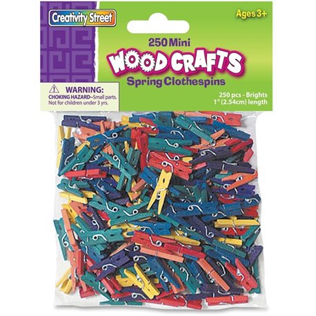 Creativity Street WoodCrafts Bright Mini Clothespins - Mini - 1" Length x 1.5" Width - for Artwork - 250 / Pack - Assorted - Woo