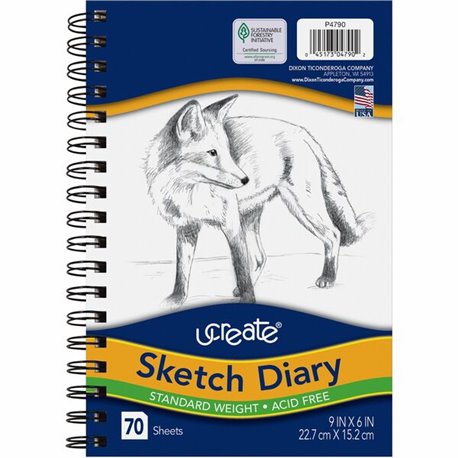 UCreate Art1st Sketch Diary - 70 Sheets - Plain - Spiral - 9" x 6" - White Paper - Acid-free - Recycled - 1 / Pad