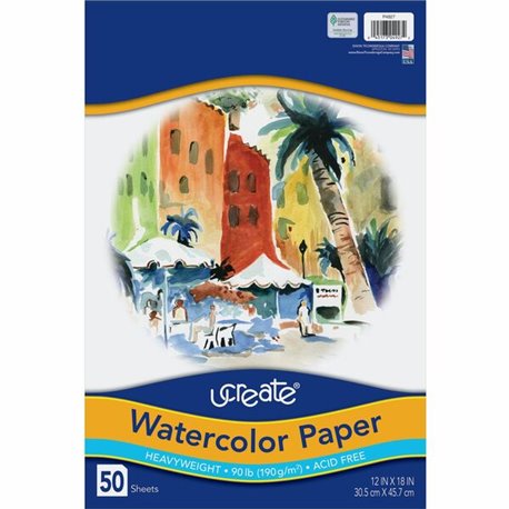 UCreate Watercolor Paper - 12" x 18" - 90 lb Basis Weight - Vellum - 50 / Pack - Sustainable Forestry Initiative (SFI) - Acid-fr