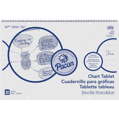 Pacon Ruled Chart Tablet - 30 Sheets - Spiral Bound - Ruled - 1" Ruled - 24" x 16" - White Paper - Stiff Cover - Sturdy Back, Re