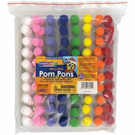 Creativity Street Peel-n-Stick Pom Pons - Project - 11.75"Height x 1.50"Width x 9.25"Length - 240 / Pack - White, Pink, Purple, 