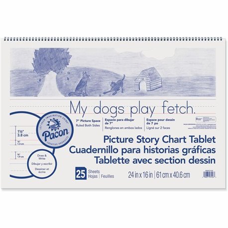 Pacon Ruled Picture Story Chart Tablet - 25 Sheets - Spiral Bound - Both Side Ruling Surface - Ruled - 1.50" Ruled - 7" Picture 