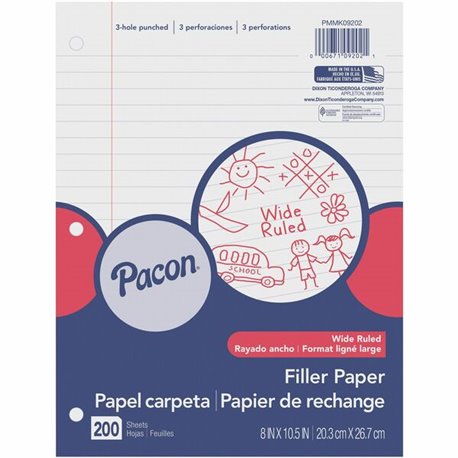 Pacon Wide Ruled Filler Paper - 200 Sheets - Wide Ruled - 0.38" Ruled - Red Margin - 3 Hole(s) - 8" x 10 1/2" - White Paper - Sm