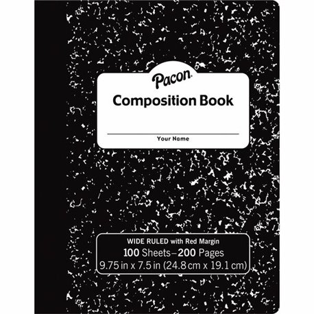 Pacon Composition Book - 100 Sheets - 200 Pages - Wide Ruled - 0.38" Ruled - Red Margin - 9.75" x 7.5" x 0.1" - White Paper - Bl