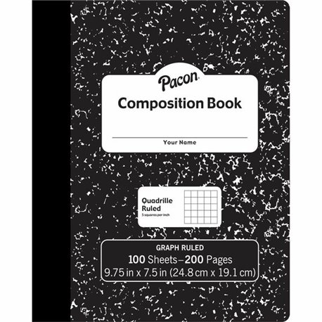 Pacon Composition Book - 100 Sheets - 200 Pages - Quad Ruled - 0.20" Ruled - 9.75" x 7.5" x 0.1" - White Paper - Black Marble Co