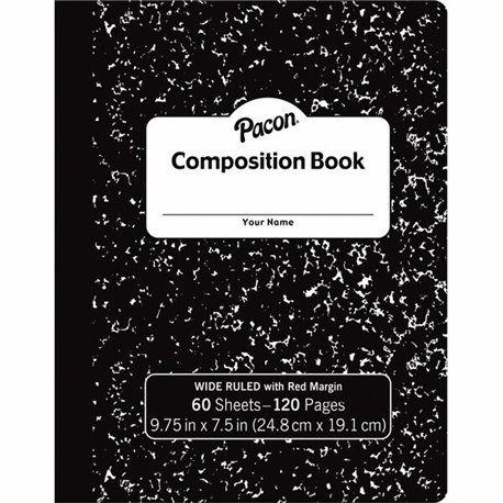 Pacon Composition Book - 60 Sheets - Wide Ruled - 0.38" Ruled - 7 1/2" x 9 3/4" - Black Marble Cover - 72 / Carton