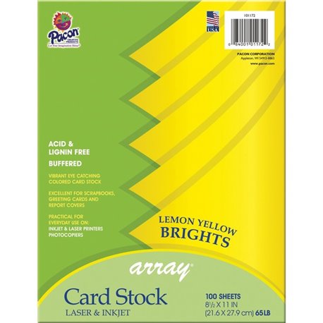 Pacon Color Brights Cardstock - Lemon Yellow - Letter - 8 1/2" x 11" - 65 lb Basis Weight - 100 / Pack - Acid-free, Recyclable, 