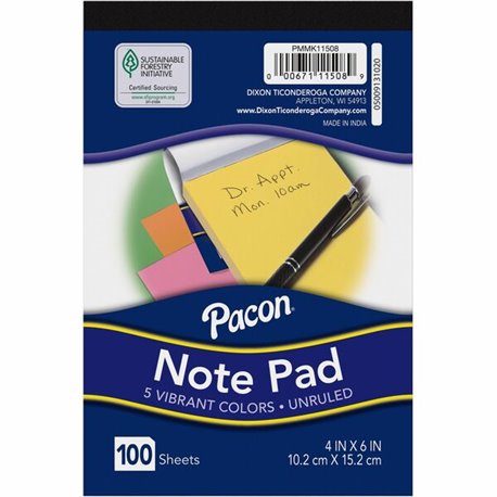 Pacon Note Pad - 4" x 6" - Rectangle - 100 Sheets per Pad - Unruled - Assorted - Recyclable, Compact - 1 Each