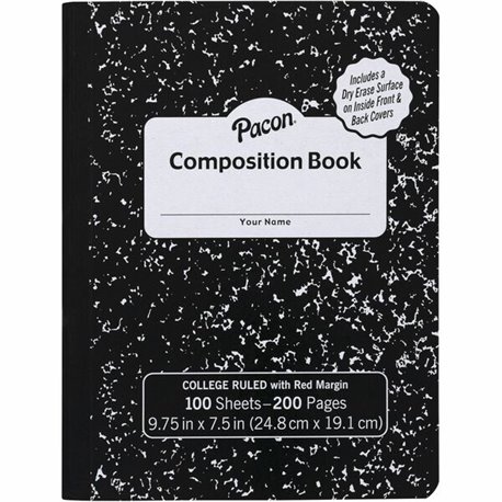 Pacon Marble Hard Cover College Rule Composition Book - 100 Sheets - 200 Pages - College Ruled - Red Margin - 9.75" x 7.5" - Bla