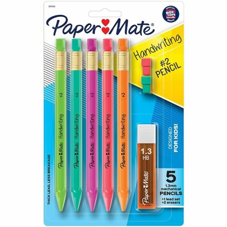 Paper Mate Handwriting Mechanical Pencils - 2 Lead - Thick Point - Black Lead - Assorted Barrel - 5 / Pack