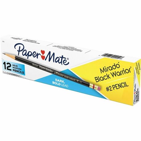 Paper Mate Mirado Black Warrior Pencils with Eraser - 2 Lead - Black Barrel - 1 Dozen