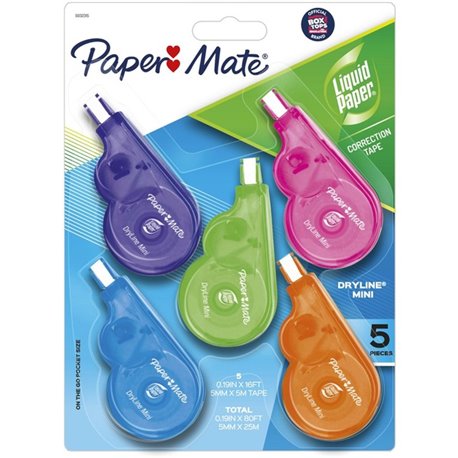 Paper Mate Dryline Mini Grip Correction Tape - 0.20" Width x 16.42 ft Length - White Tape - Ergonomic Assorted Dispenser - 5 / P