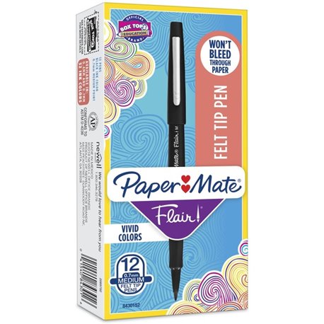 Paper Mate Flair Point Guard Felt Tip Marker Pens - Medium Pen Point - Black Water Based Ink - Black Barrel - 1 Dozen