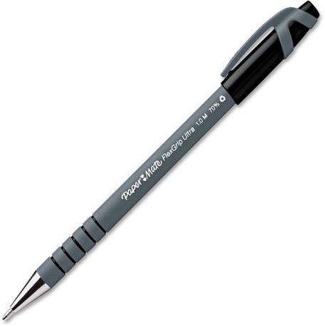 Paper Mate Flexgrip Ultra Recycled Pens - Medium Pen Point - Black - Black Rubber Barrel - 12 / Box