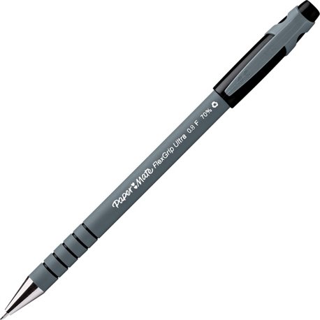 Paper Mate Flexgrip Ultra Recycled Pens - Fine Pen Point - Black - Black Rubber Barrel - 12 / Box