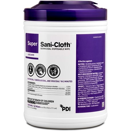 PDI Super Sani-Cloth Germicidal Disposable Wipe - 6.75" Length x 6" Width - 160 / Canister - 1 Each - Disposable, Disinfectant, 