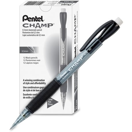 Pentel Champ Mechanical Pencils - 2 Lead - 0.5 mm Lead Diameter - Refillable - Black Barrel - 12 / Dozen