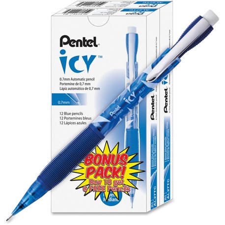 Pentel Icy Mechanical Pencil - 2 Lead - 0.7 mm Lead Diameter - Refillable - Translucent Blue Barrel - 24 / Pack