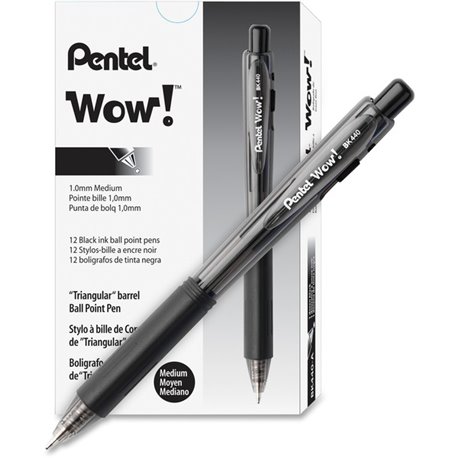 Pentel WOW! Retractable Ballpoint Pens - Medium Pen Point - 1 mm Pen Point Size - Retractable - Black - Black Barrel - 12 / Doze