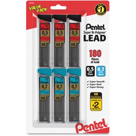 Pentel Super Hi-Polymer Lead Refills Value Pack - 0.5 mm, 0.7 mm Point - 2 - Black - Break Resistant - 6 / Pack