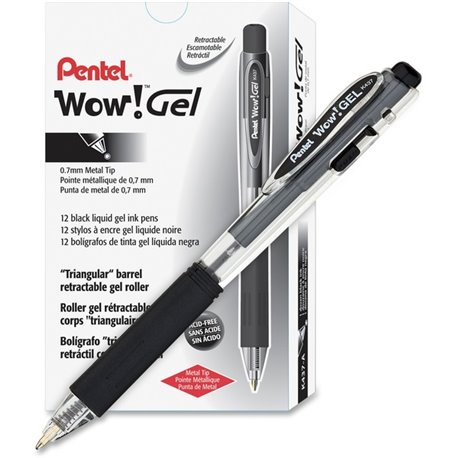 Pentel Wow! Gel Pens - Medium Pen Point - 0.7 mm Pen Point Size - Retractable - Black Gel-based Ink - Clear Barrel - 1 Dozen