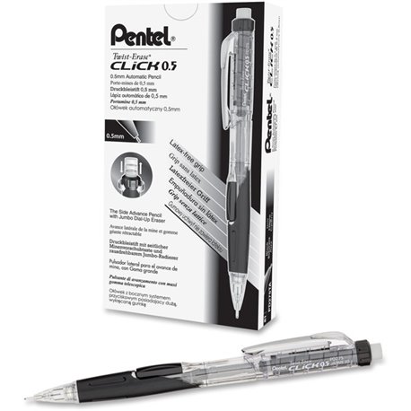 Pentel .5mm Twist Erase Click Mechanical Pencil - 2 Lead - 0.5 mm Lead Diameter - Refillable - Transparent, Black Barrel - 1 Eac