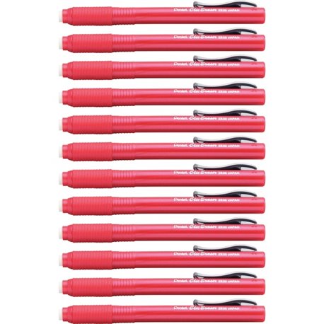 Pentel Rubber Grip Clic Eraser - Red - Pen - Refillable - 12 / Box - Retractable, Latex-free Grip, Pocket Clip, Ghost Resistant,