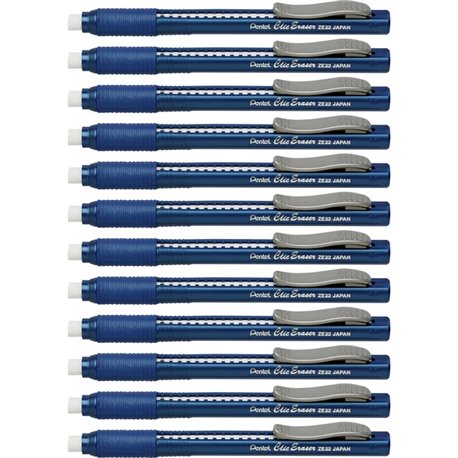 Pentel Rubber Grip Clic Eraser - Blue - Pen - Refillable - 12 / Box - Retractable, Latex-free Grip, Pocket Clip, Ghost Resistant