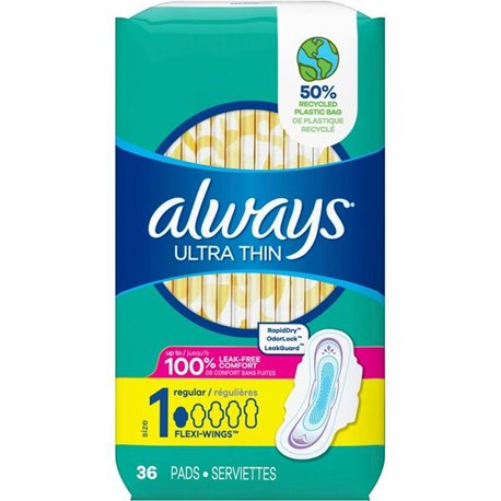 Always Ultra Thin Regular Pads with Wings - WithWings - 36 / Pack - Absorbent, Anti-leak, Unscented, Comfortable