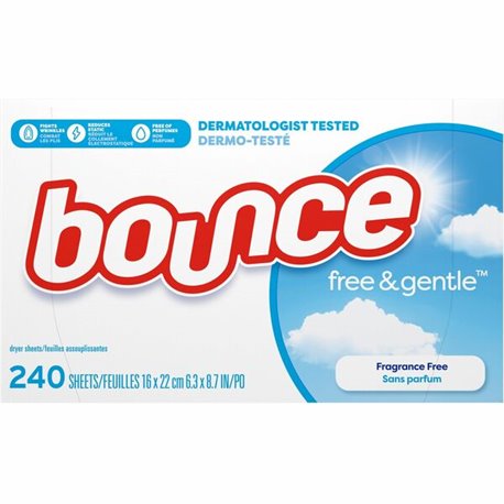 Bounce Free & Gentle Dryer Sheets - 9" Length x 6.04" Width - 240 / Box - Dye-free, Scent-free, Wrinkle-free, Hypoallergenic, So