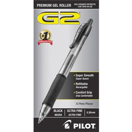 Pilot G2 Premium Gel Roller Retractable Pens - Ultra Fine Pen Point - 0.38 mm Pen Point Size - Refillable - Retractable - Black 