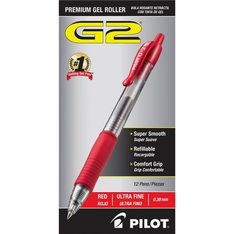 Pilot G2 Premium Gel Roller Retractable Pens - Ultra Fine Pen Point - 0.38 mm Pen Point Size - Refillable - Retractable - Red Ge