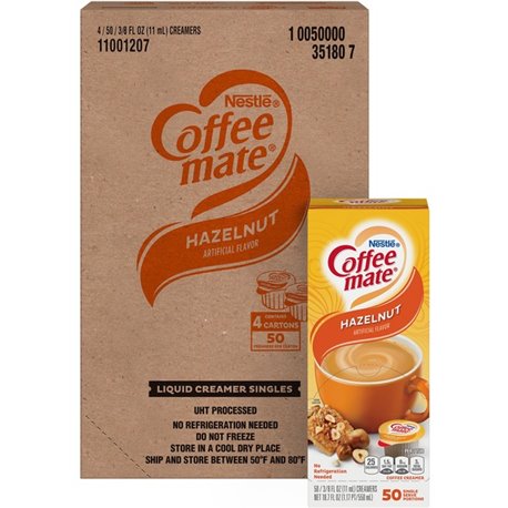 Coffee mate Hazelnut Liquid Coffee Creamer Singles - Gluten-Free - Hazelnut Flavor - 0.38 fl oz (11 mL) - 200/Carton - 50 Per Bo