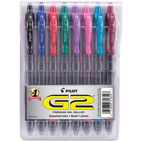 Pilot G2 8-pack Bold Gel Roller Pens - Bold Pen Point - 1 mm Pen Point Size - Retractable - Black, Blue, Burgundy, Green, Pink, 