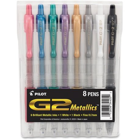 Pilot G2 Metallics .7mm Point Ink Pens - Fine Pen Point - 0.7 mm Pen Point Size - Retractable - Pink, Blue, Green, Purple Pigmen