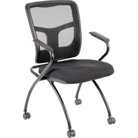 Lorell Mesh Back Nesting Training/Guest Chairs - Fabric Seat - Powder Coated Metal Frame - Four-legged Base - Black - Mesh - Arm